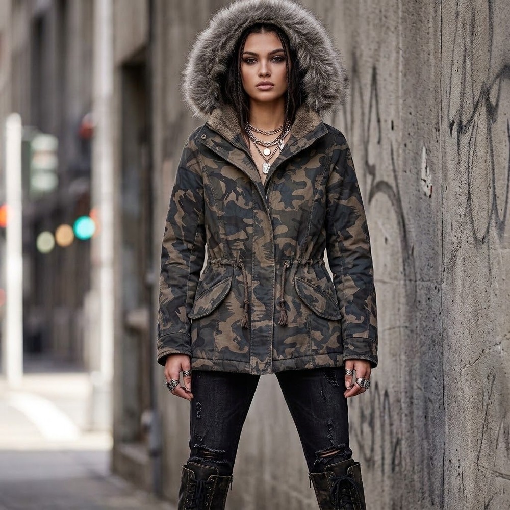 Sebby Camo Parka Jacket ST8111 Faux Fur Hood Utility Coat Green Size M